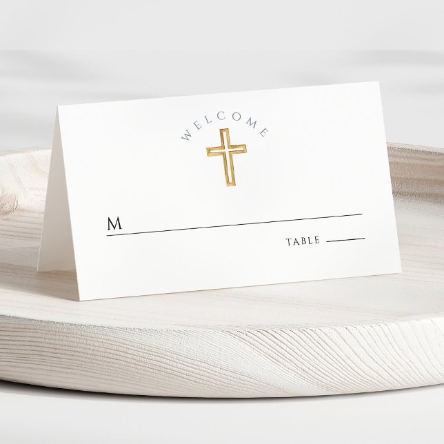 Tarjeta De Asiento Primera comunión de niños de la Cruz Religiosa Azu (Front - Religious Cross Blue Boy First Communion Place Card)