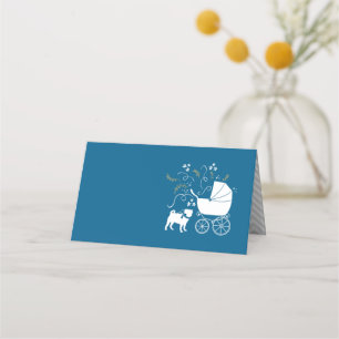 Tarjeta De Asiento Pug Dog Baby Shower Boy Blue con Bow
