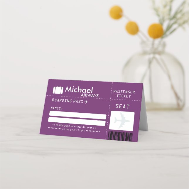 Tarjeta De Asiento Purple Bar Mitzvah Airline Ticket Place Card (Anverso)