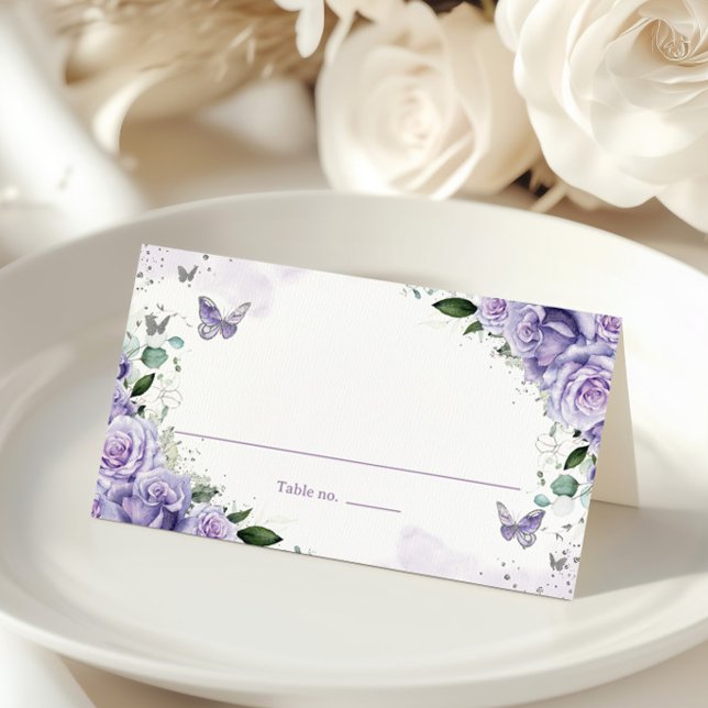 Tarjeta De Asiento Purple Floral Butterflies Silver Quinceanera XV 16 (Subido por el creador)