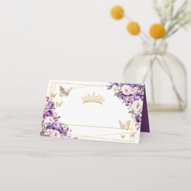 Tarjeta De Asiento Purple Lilac Floral Gold Butterflies Quinceañera  (Anverso)