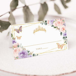 Tarjeta De Asiento Purple Lilac Rubor Floral Quinceañera XV Cumpleaño