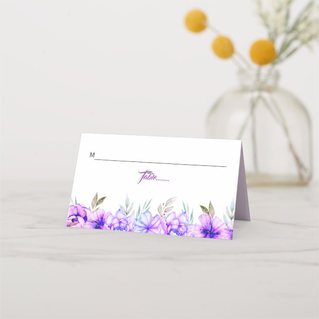 Tarjeta De Asiento Púrpura, azul acuarela flores boda floral (Anverso)