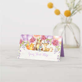 Tarjeta De Asiento Púrpura Floral Woodland Watercolor Forest Animales