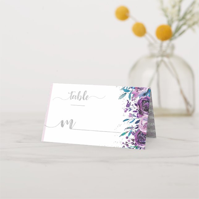 Tarjeta De Asiento Púrpura Floral y rayas plateadas Número de tabla (Anverso)