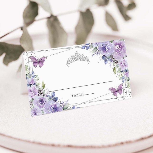 Tarjeta De Asiento Púrpura Lilac Floral Plata Quinceañera 16 Cumpleañ (purple-lilac-lavender-floral-silver-sweet-16-birthday-quinceanera-xv-bat-mitzvah-folded-place-cards)