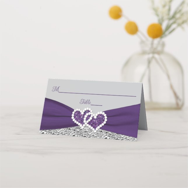 Tarjeta De Asiento Púrpura, plateada, Boda Gray Love Heart (Anverso)