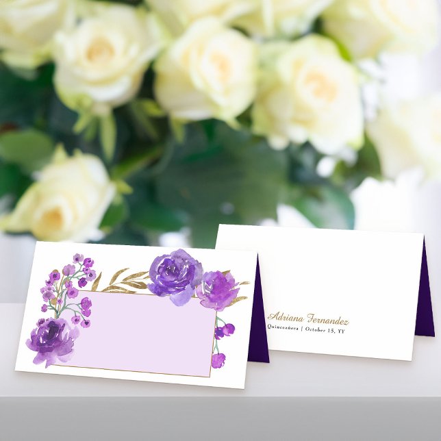 Tarjeta De Asiento Púrpura Rosa y oro Leaf Name Plate (Purple floral place cards from my Rose and Gold Leaf quinceanera collection)