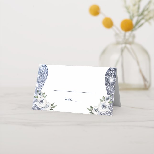 Tarjeta De Asiento Purpurina azul de plata espumosa y Boda floral (Anverso)