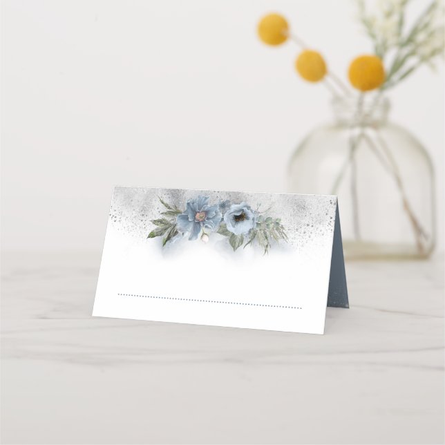 Tarjeta De Asiento Purpurina azul y plata polvo Boda floral (Anverso)