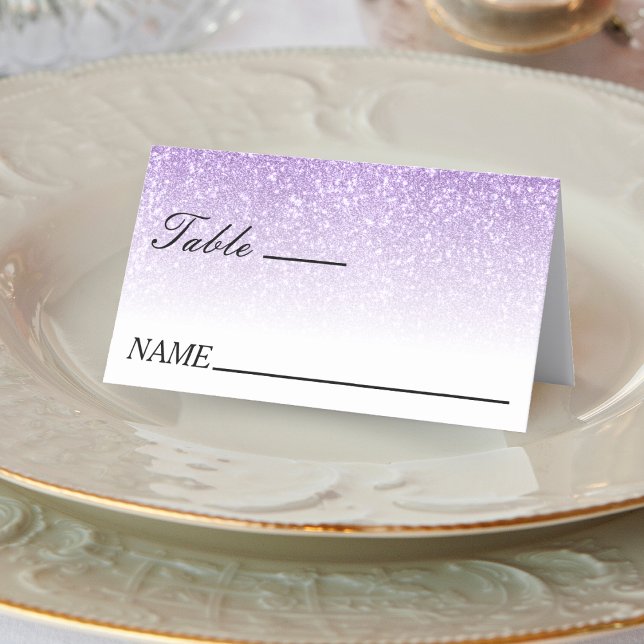 Tarjeta De Asiento Purpurina blanco y morado Ombre Boda (White & Purple Glitter Ombre Wedding Place Card)