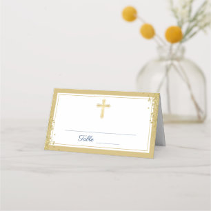 Tarjeta De Asiento Purpurina de la Cruz de Oro Marina Azul Primera Sa