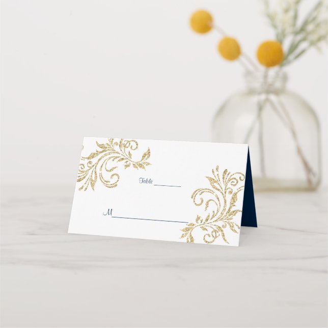 Tarjeta De Asiento Purpurina de oro, azul marino, Personalizado (Anverso)