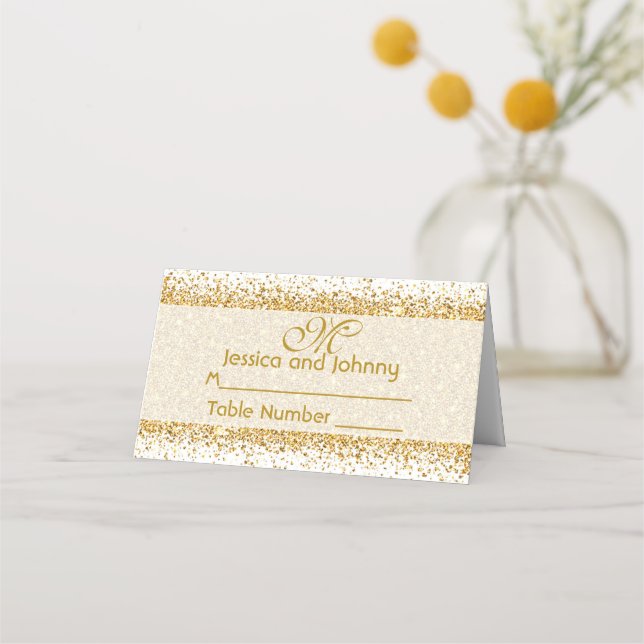 Tarjeta De Asiento Purpurina de oro Confetti en blanco (Anverso)