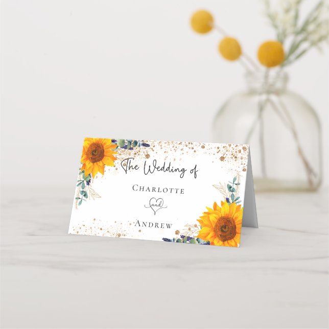 Tarjeta De Asiento purpurina de oro de boda girasol eucalipto (Reverso)