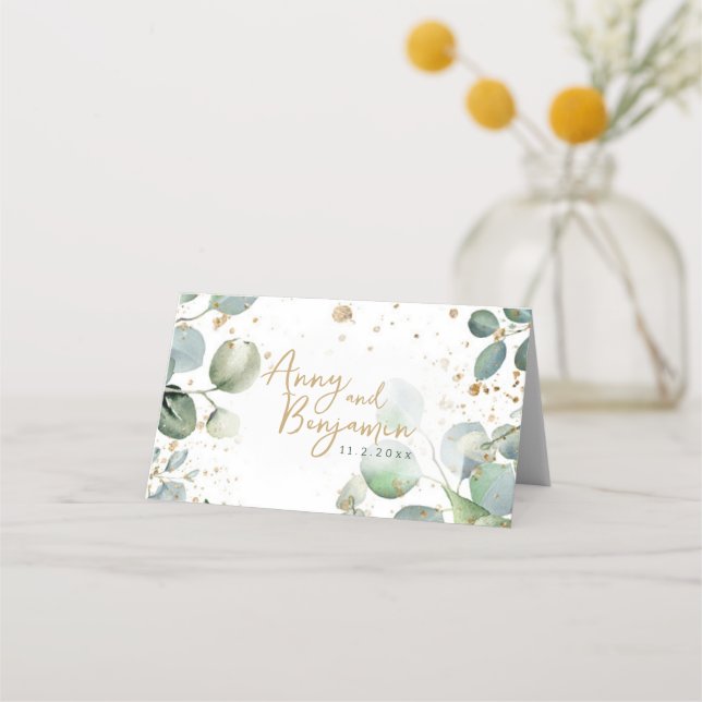 Tarjeta De Asiento Purpurina de oro Eucalyptus - Boda verde (Reverso)