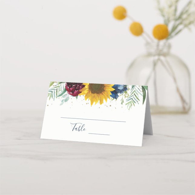 Tarjeta De Asiento Purpurina de oro floral de girasol botánico (Anverso)