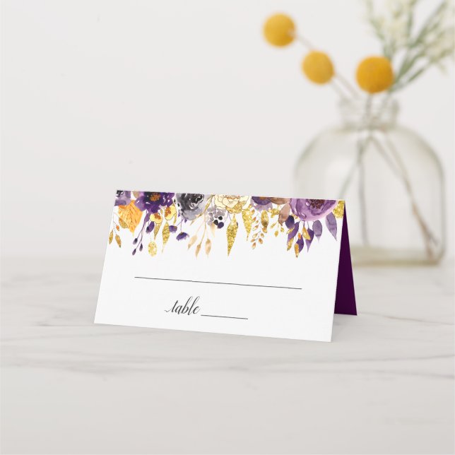 Tarjeta De Asiento Purpurina de oro Plum Boda Purple Floral (Anverso)
