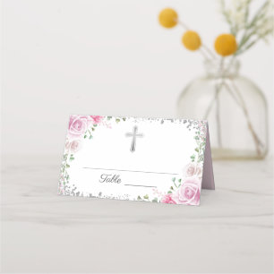 Tarjeta De Asiento Purpurina de Plata Floral Rosa: Primera Santa Comu