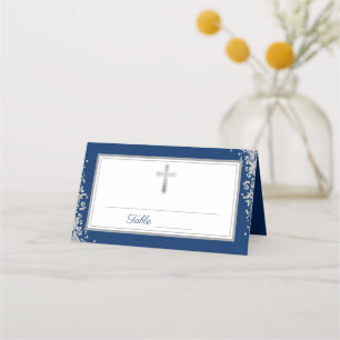 Tarjeta De Asiento Purpurina de Plata Marina Azul Primera Santa Comun