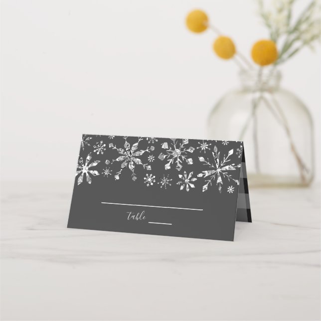 Tarjeta De Asiento Purpurina de Plata Snowflakes Boda de Invierno (Anverso)