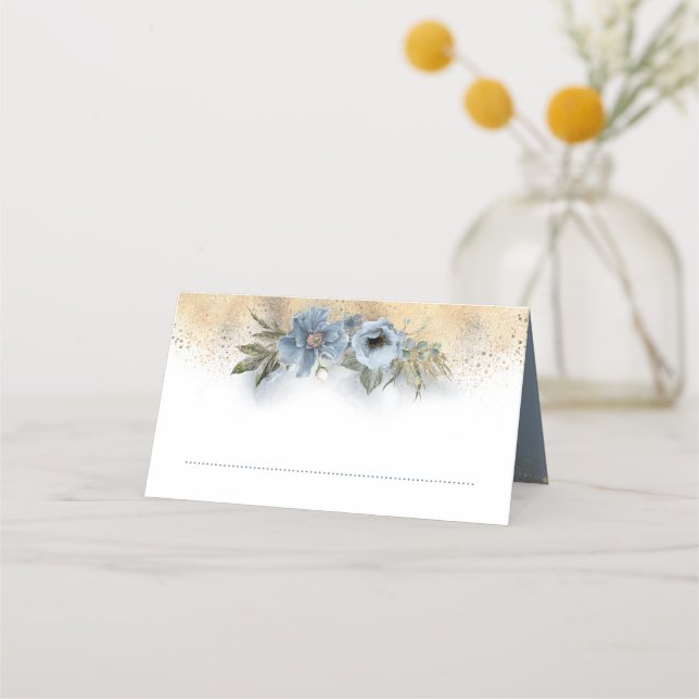 Tarjeta De Asiento Purpurina dorado y azul turbio Boda floral (Anverso)