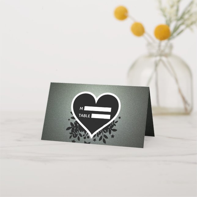 Tarjeta De Asiento Purpurina Gris Verde Y Corazón (Anverso)