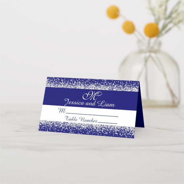 Tarjeta De Asiento Purpurina plateado Confetti y azul real (Anverso)