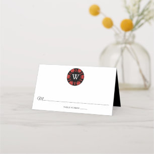 Tarjeta De Asiento Purpurina Rojo Monograma Poker Chip Casino Boda