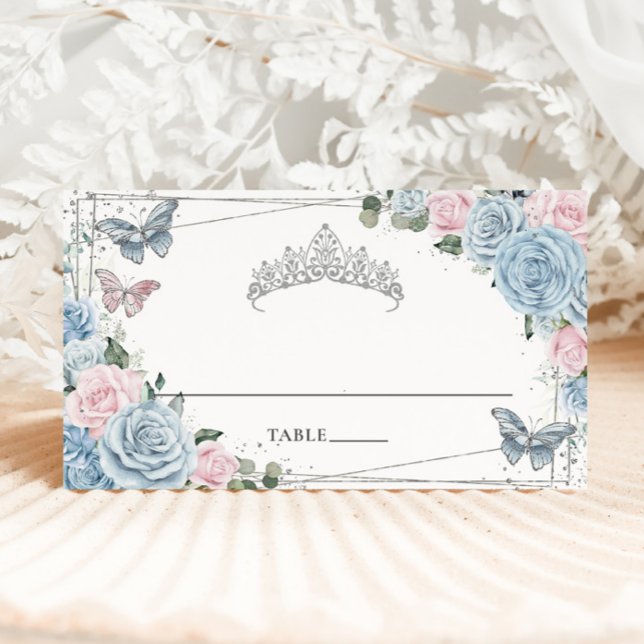 Tarjeta De Asiento Quinceañera azul bebé suave rosa floral mariposas (Subido por el creador)