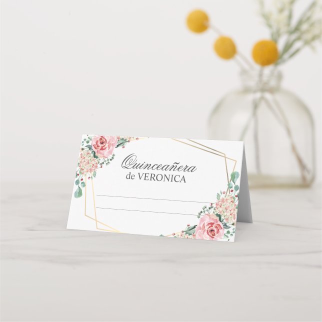 Tarjeta De Asiento Quinceañera española rosa Quince cumpleaños (Anverso)