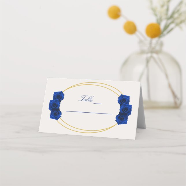 Tarjeta De Asiento Quinceañera geométrica real azul y oro (Anverso)