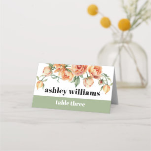 Tarjeta De Asiento Rama con rosas de melocotón boda floral verde
