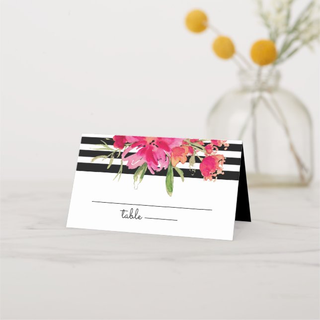 Tarjeta De Asiento Rayas negras | Boda Fuchsia Flowers (Anverso)