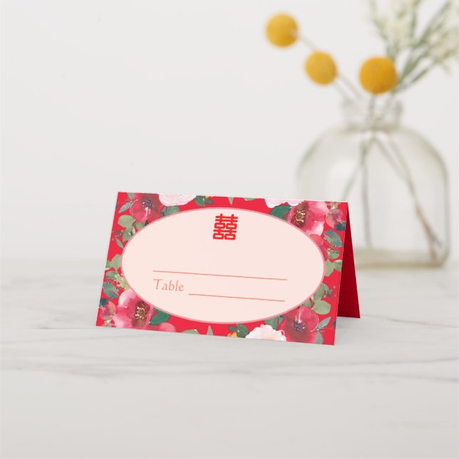 Tarjeta De Asiento Recepción de boda china con flores rojas (Anverso)