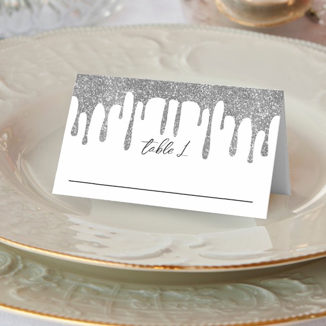 Tarjeta De Asiento Recepción de Boda con Purpurina blanco y plateado (White & Silver Glitter Drip Wedding Reception Place Card)