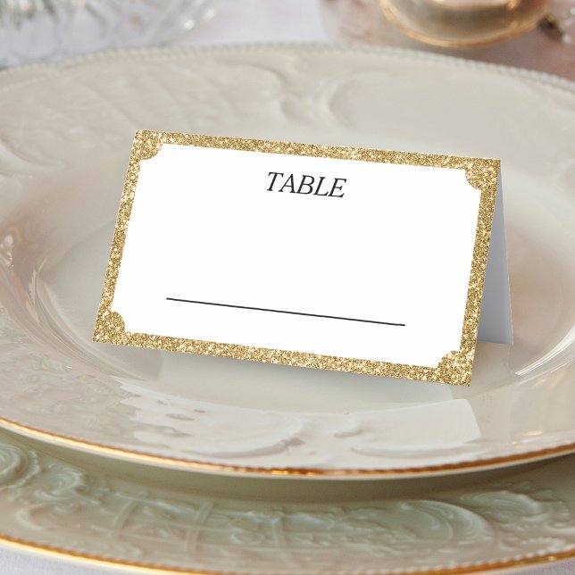 Tarjeta De Asiento Recepción de boda cóncava de Purpurina blanco y do (White & Gold Glitter Concave Wedding Reception Place Card)