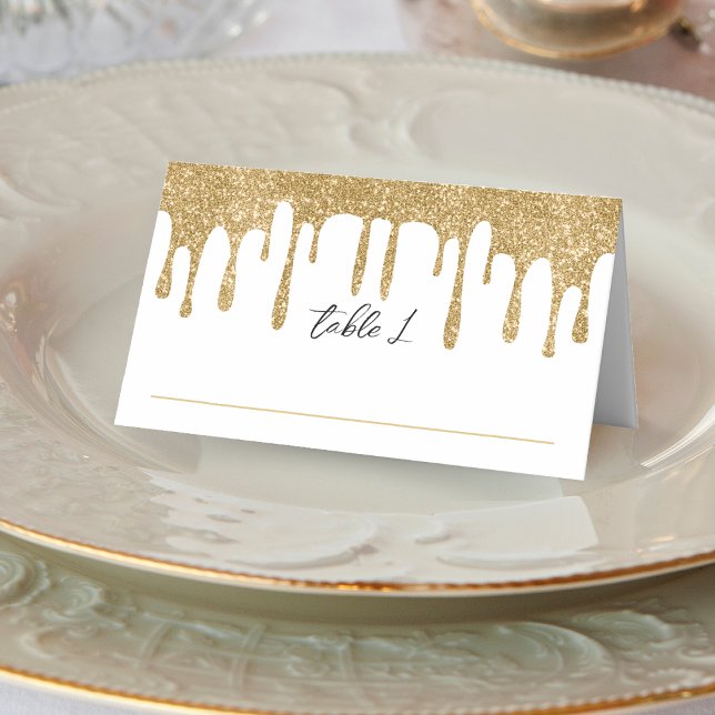 Tarjeta De Asiento Recepción de Boda de Boda con Purpurina Blanco y O (White & Gold Glitter Drip Wedding Reception Place Card)