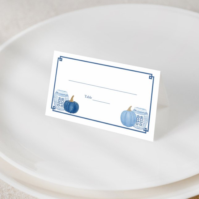 Tarjeta De Asiento Recepción De Boda De Calabazas Blancas Y Azules In (Preppy watercolor blue pumpkins with blue and white ginger jars place card design)