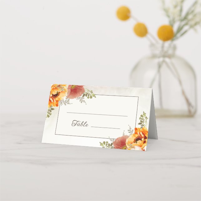 Tarjeta De Asiento Recepción de boda floral Naranja quemada (Anverso)