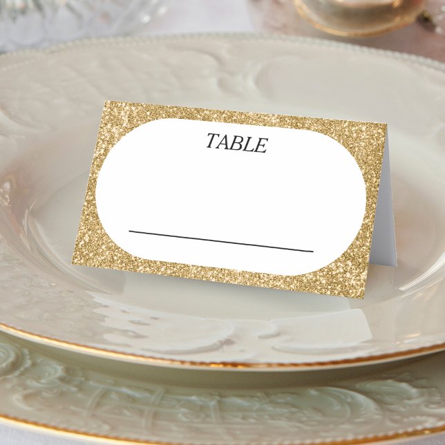 Tarjeta De Asiento Recepción de Boda Oval Purpurina Blanco y Oro (White & Gold Glitter Oval Wedding Reception Place Card)