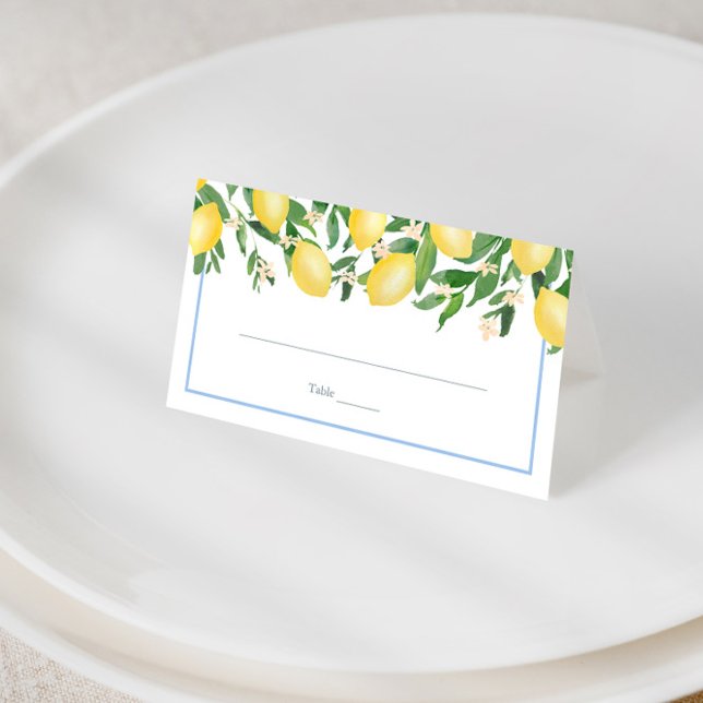 Tarjeta De Asiento Recepción de la Boda Azul Pálida Lemons (Simple watercolor lemons with pale blue accents boy baby shower or wedding place cards)