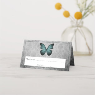 Tarjeta De Asiento Recepción verde azulada de damasco de mariposa de