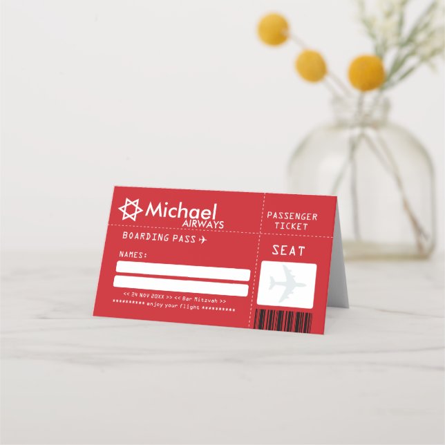Tarjeta De Asiento Red Bar Mitzvah Airline Ticket Place Card (Anverso)
