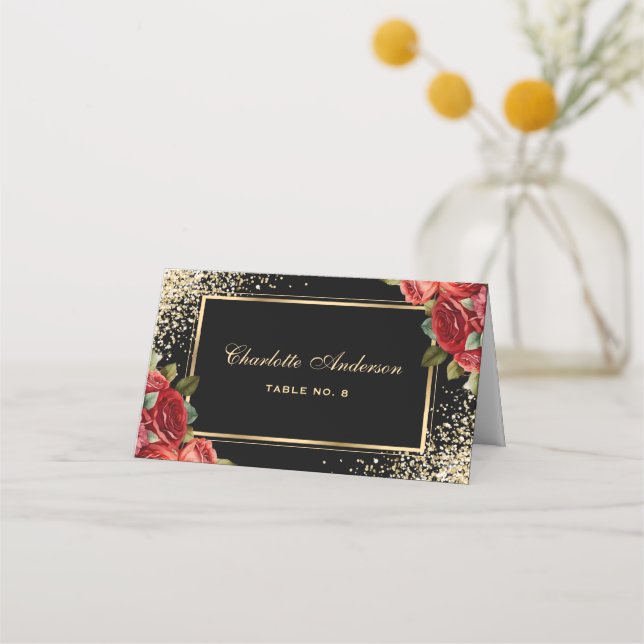 Tarjeta De Asiento Red Roses Black Gold Floral (Anverso)