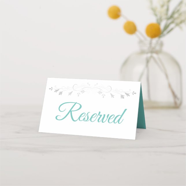 Tarjeta De Asiento Reservado Aqua Verde azulado en una boda blanca el (Anverso)