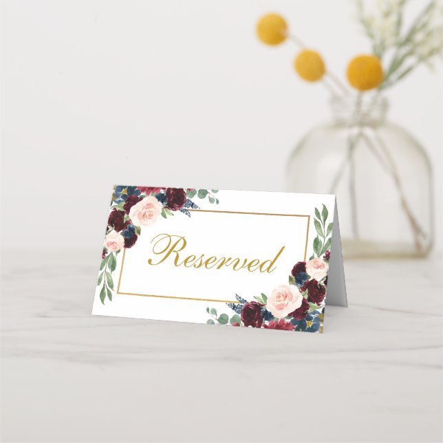 Tarjeta De Asiento Reservado Boda de oro floral azul borgoñés (Anverso)