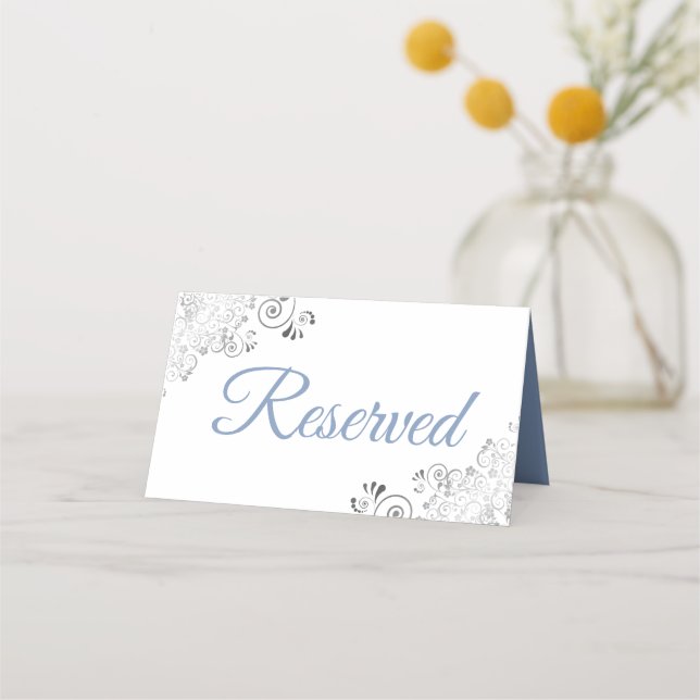 Tarjeta De Asiento Reservado la boda elegante azul blanco (Reverso)