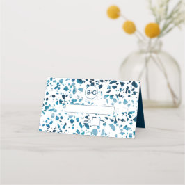 Tarjeta De Asiento Resumen moderno Terrazzo Mosaic Boda Azul lugar