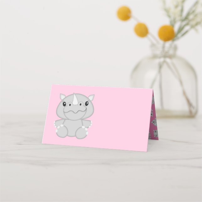 Tarjeta De Asiento Rhino Baby Shower Safari Chica rosado (Anverso)